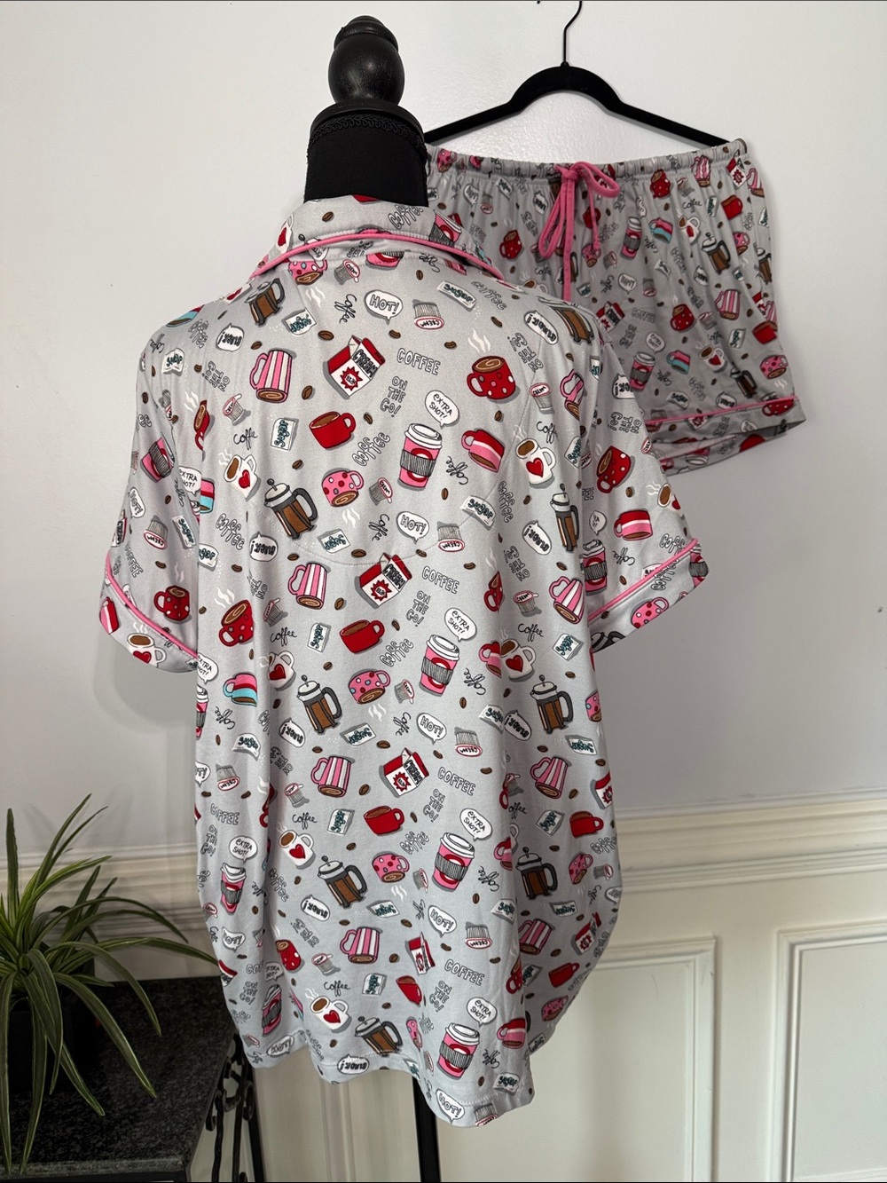 Pillow Talk Coffee Lovers Print Grey Pink Soft Top Shorts Pajama Set XL - Picture 4 of 7